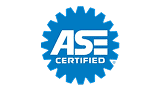 ASE Certified blue badge with gear design and white text.