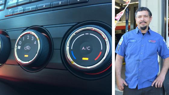 Car dashboard climate control dials and a man in a blue shirt.