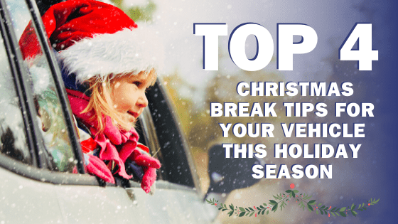 A person in a Santa hat sits in a car with text reading "Top 4 Christmas Break Tips for Your.