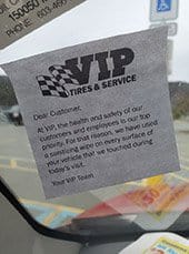 VIP sticky note notifying customers of our sanitation procedures
