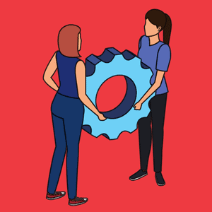 Two people holding a large blue gear together against a red background.