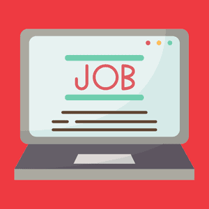Laptop screen displaying a job posting document with red text and green underlines.