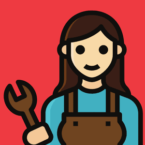 Woman wearing overalls holding a wrench against a red background.