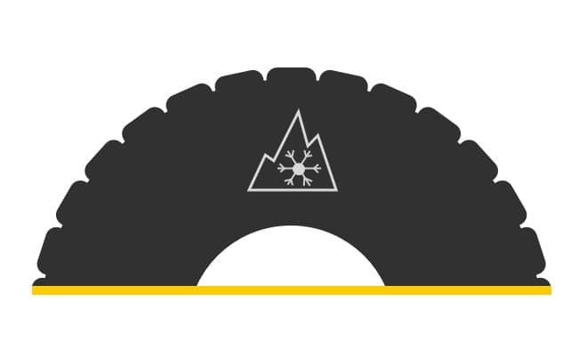 Graphical representation of a tire side wall with the three-peak mountain snowflake symbol.