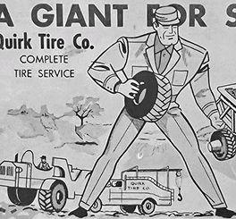 Vintage advertisement for Giant Tire Co. featuring a woman in heels straddling large tires above.