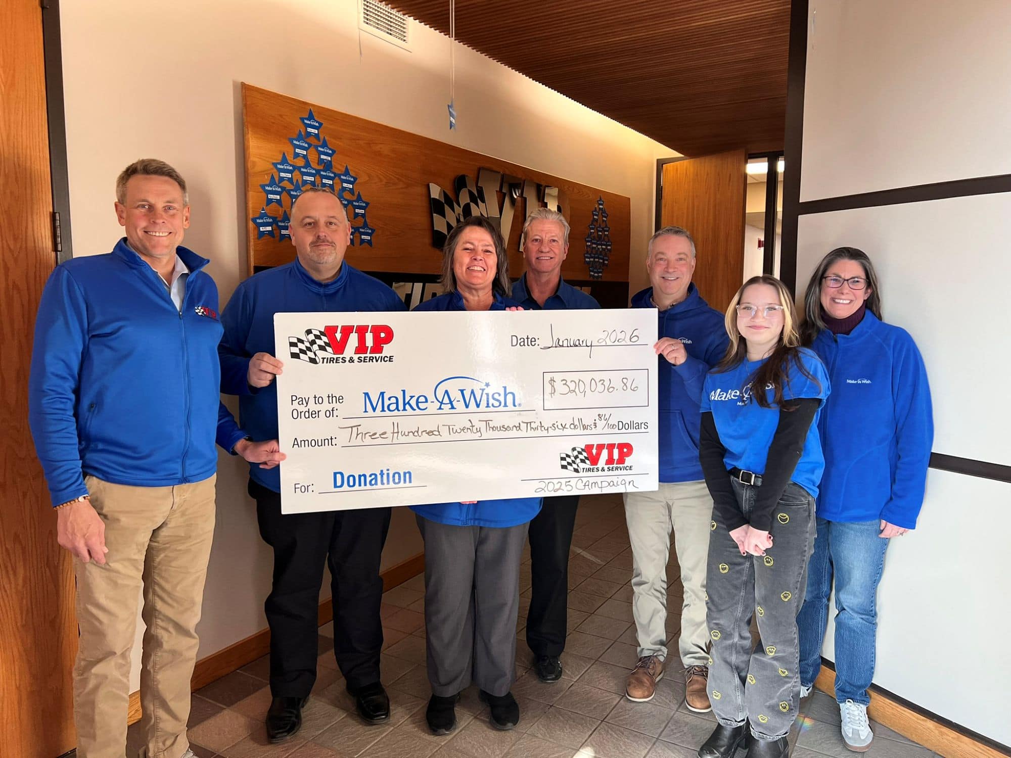 VIP's total 2025 Make-A-Wish® donation presented to Make-A-Wish® Maine for distribution to states where funds were raised. From left to right: Tim Winkeler, Rob Kaffel, Mary Daigle, Gary MacCausland, Brian Franks, Nora Franks, Nichole Rutherford.