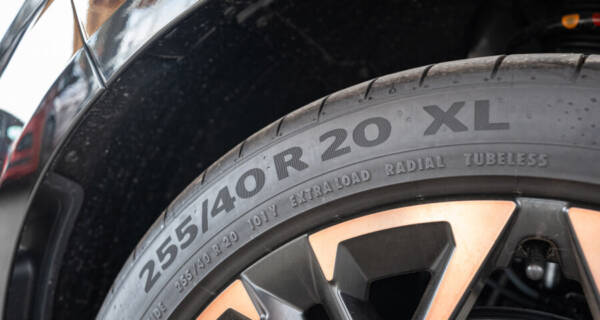 car tire with sidewall information showing