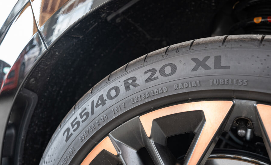 car tire with sidewall information showing